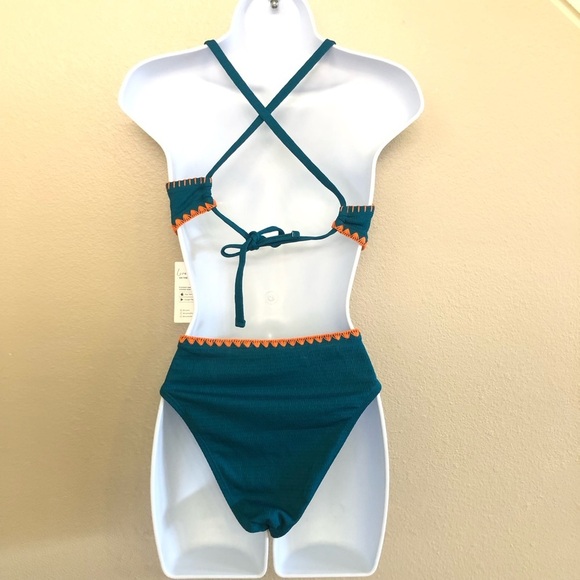 Cupshe Deep Lagoon Stitch Textured Bikini Top & High-Waisted Bottoms Set Size XS - Picture 4 of 13